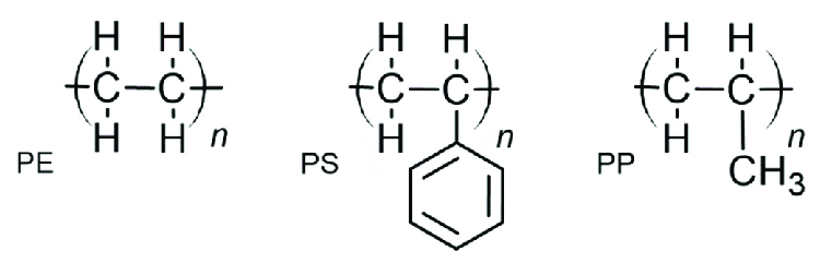 مقایسه ساختار شیمیایی پلی­ پروپیلن (PP)، پلی­ استایرن (PS) و پلی ­اتیلن (PE)